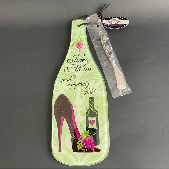 Epic Shoes and Wine Bottle Cheese Server with Spreader Tempered Glass - Picture 1 of 5